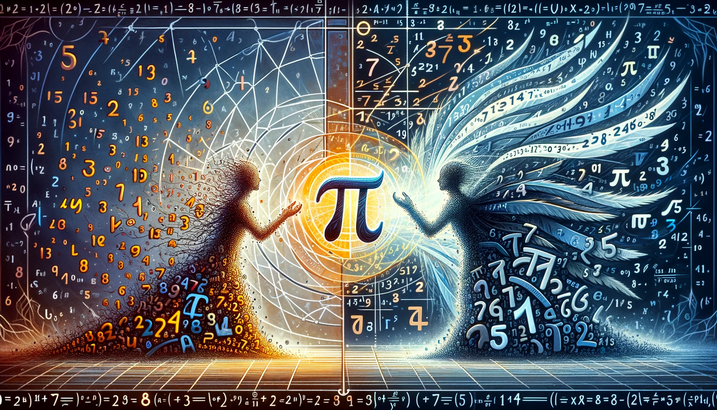 DALLE 2023 12 22 16.44.00 Create a horizontal rectangular illustration showing the Number Pi in a non human form conversing with the non human personification of the Spirit of